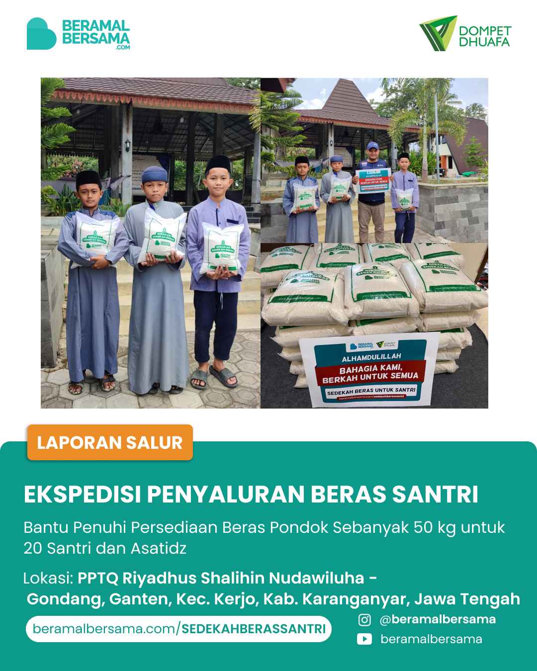 Bahagiakan Santri Mahad Riyadussholihin dengan Sedekah Beras
