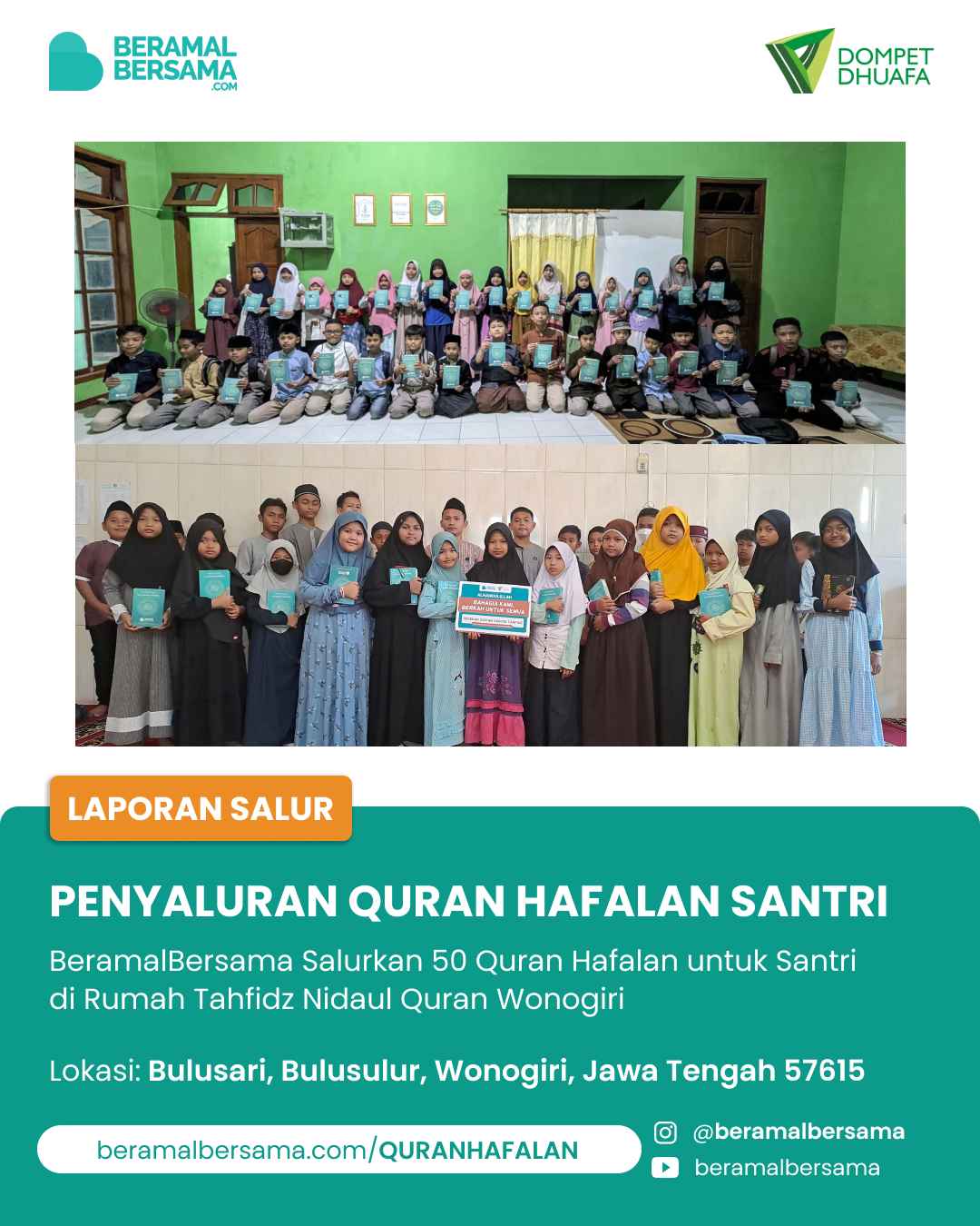 Ceriakan Santri dengan Berbagi Al-Quran Hafalan Untuk Santri Rumah Tahfidz Nidaul Quran Wonogiri