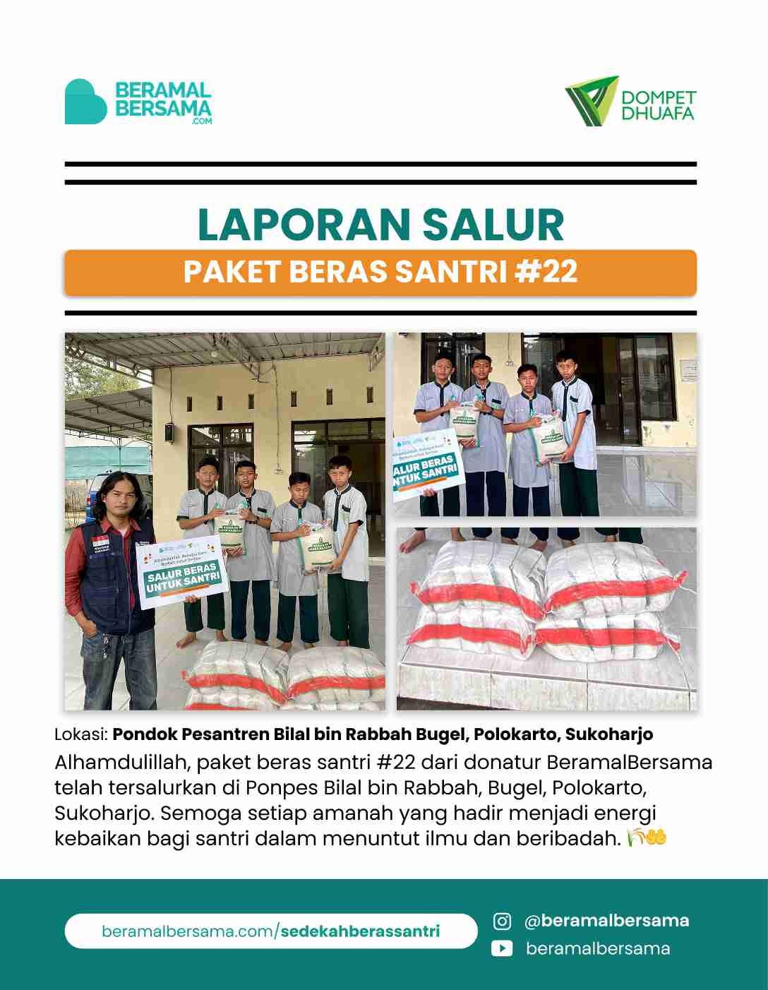 Penyaluran 100 kg Beras Santri #22 Pondok Pesantren Bilal bin Rabbah