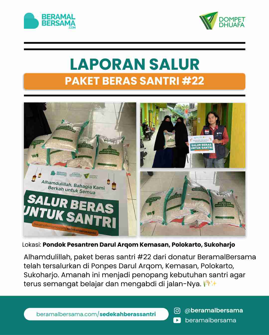Penyaluran 100 kg Beras Santri #22 Pondok Pesantren Darul Arqom