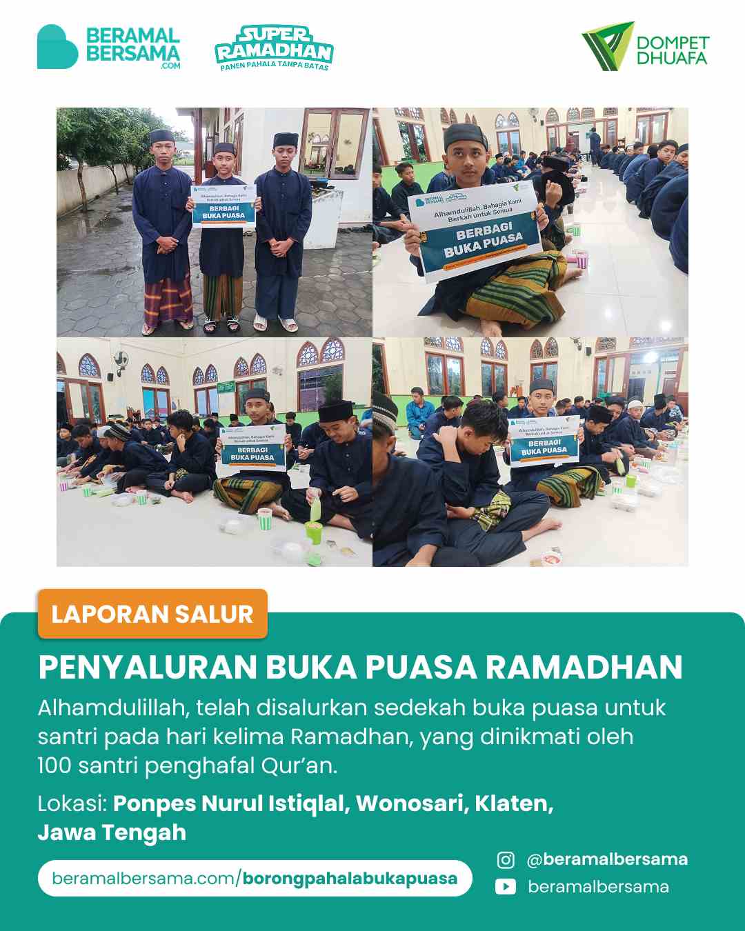 Penyaluran 100 Paket Buka Puasa Pondok Pesantren Nurul Istiqlal