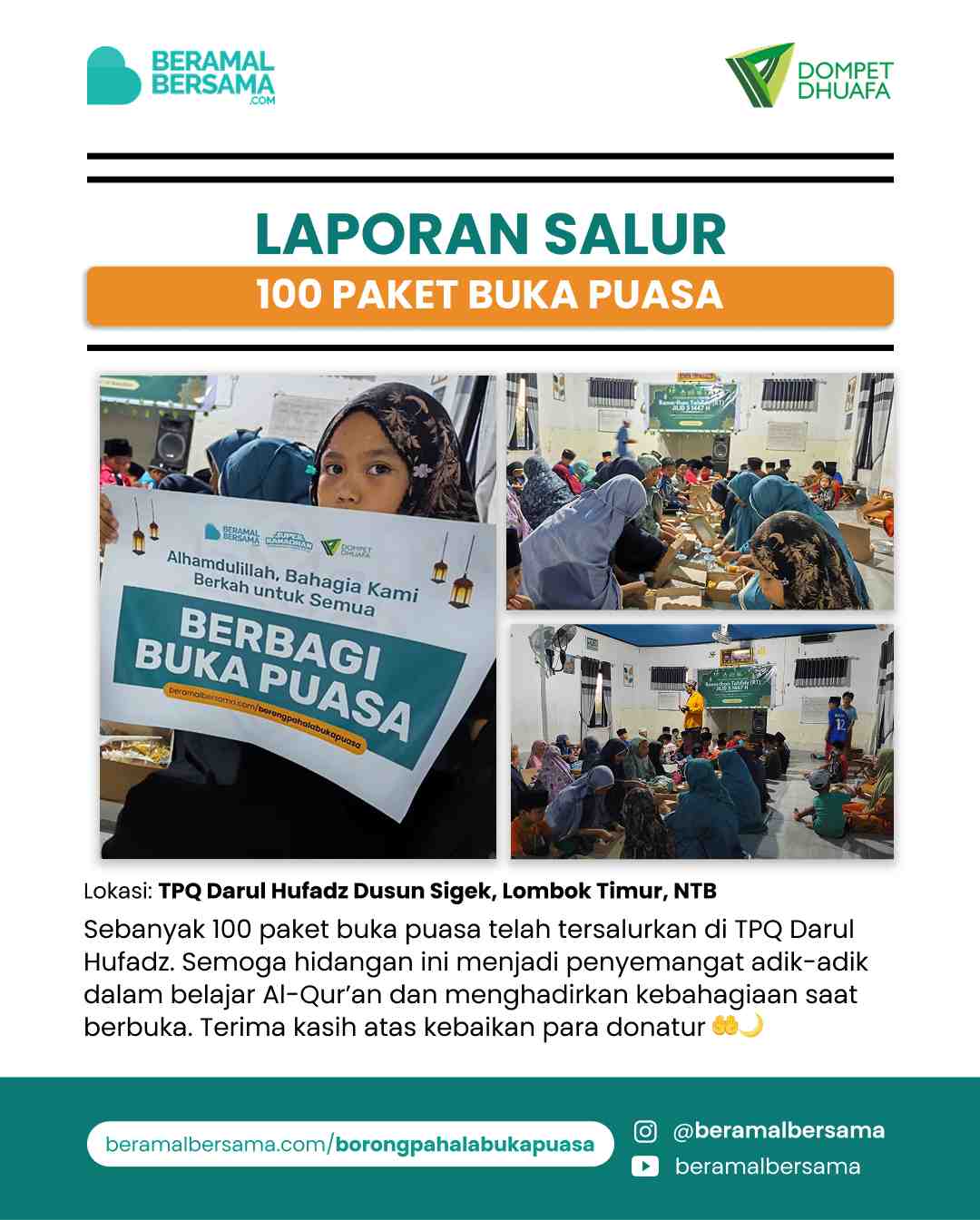 Penyaluran 100 Paket Buka Puasa TPQ Darul Hufadz
