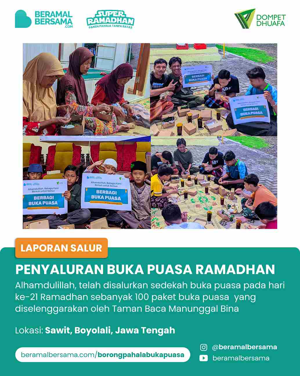 Penyaluran 100 Paket Buka Puasa Taman Baca Manunggal Bina Ummat