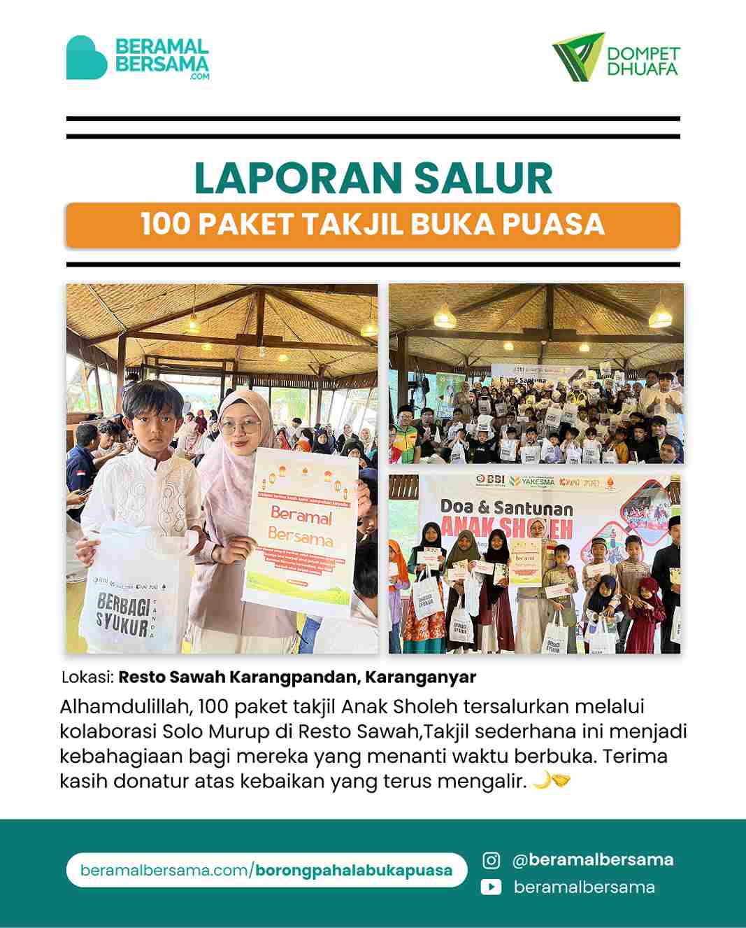 Penyaluran 100 Paket Takjil Anak Sholeh - Kolaborasi Solo Murup