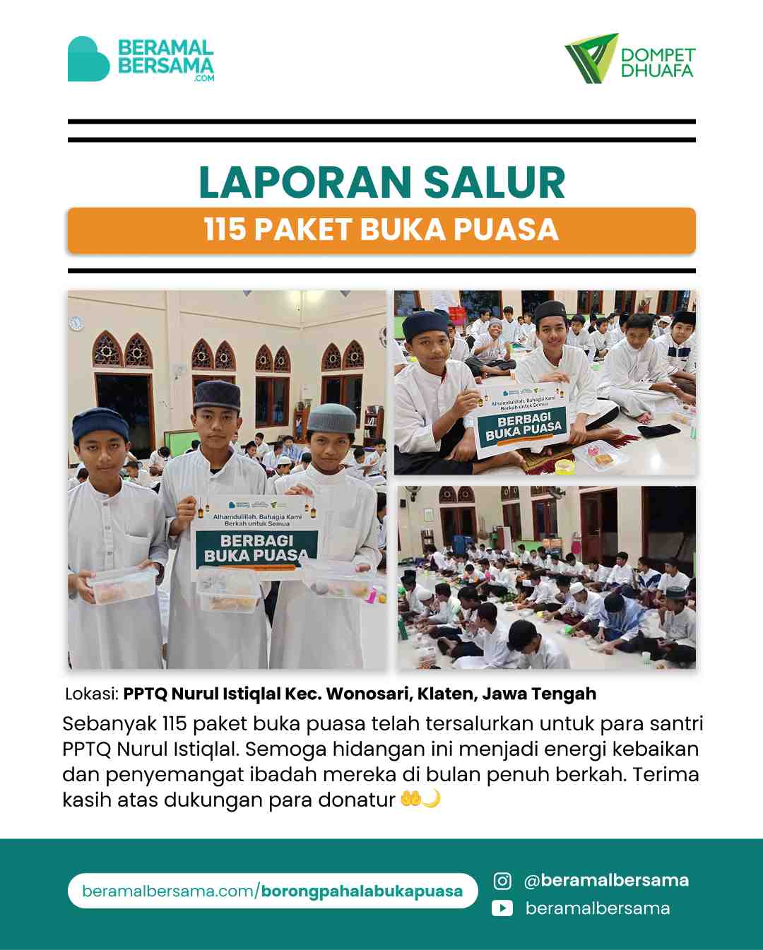 Penyaluran 115 Paket Buka Puasa PPTQ Nurul Istiqlal
