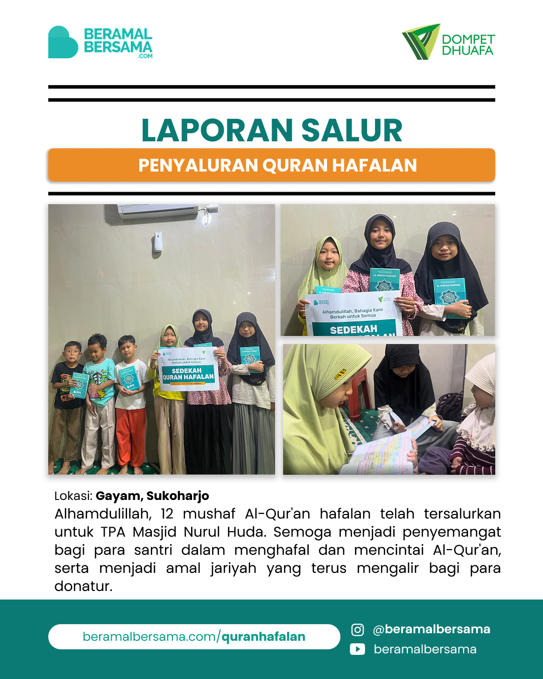Penyaluran 12 Mushaf Al-Qur'an Hafalan TPA Masjid Nurul Huda