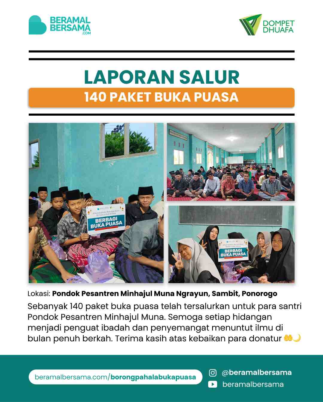 Penyaluran 140 Paket Buka Puasa Pondok Pesantren Minhajul Muna
