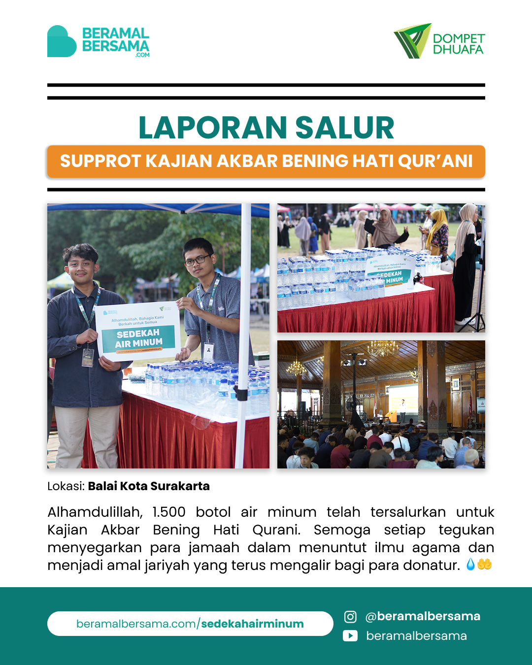 Penyaluran 1500 Botol Air Minum Kajian Akbar Bening Hati Qurani