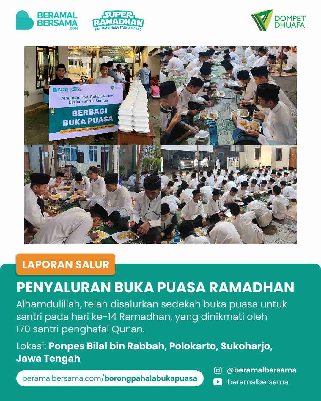 Penyaluran 170 Paket Buka Puasa Pondok Pesantren Bilal bin Rabbah