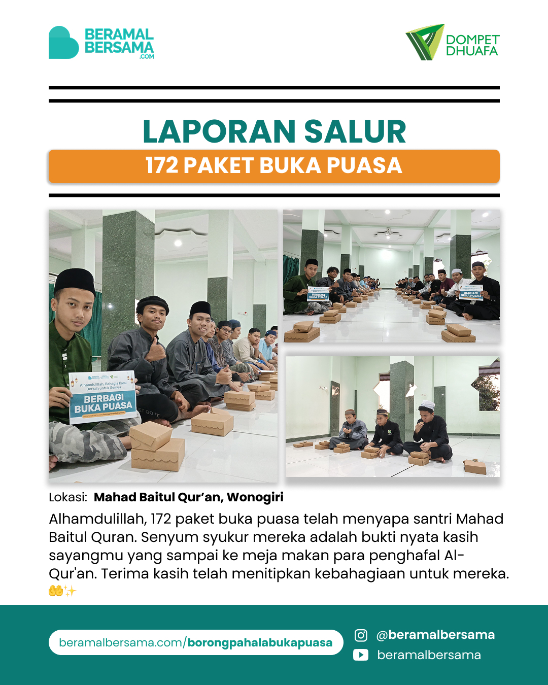 Penyaluran 172 Paket Buka Puasa Mahad Baitul Quran