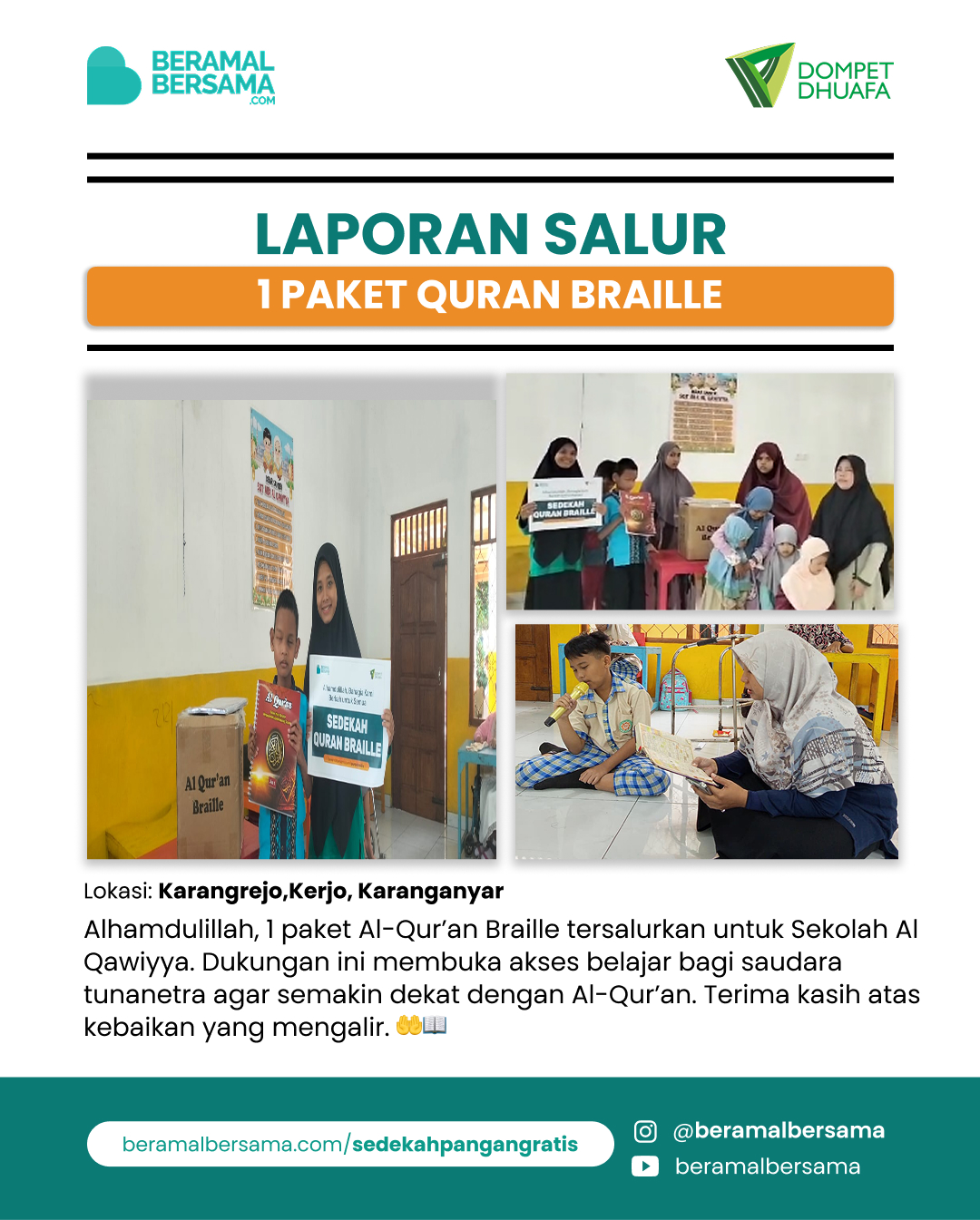 Penyaluran 1 Paket Quran Braille Sekolah Al Qawiyya