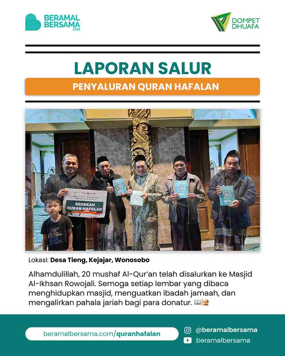 Penyaluran 20 Mushaf Quran Masjid Al-Ikhsan Rowojali
