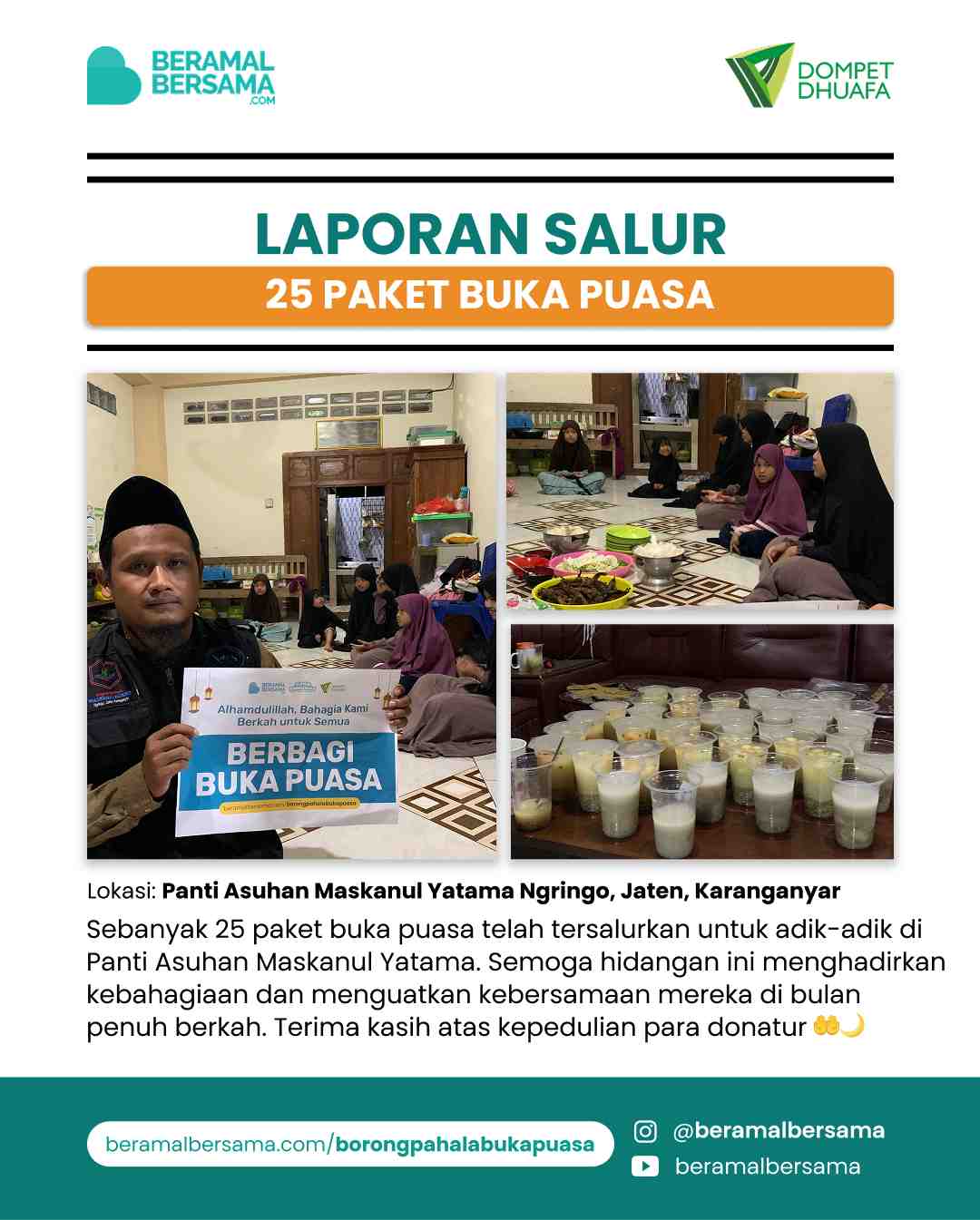 Penyaluran 25 Paket Buka Puasa Panti Asuhan Maskanul Yatama