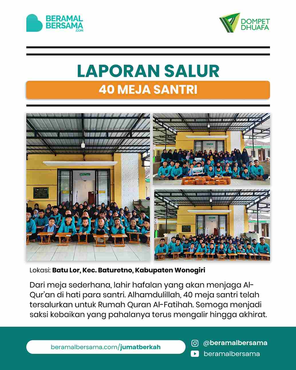 Penyaluran 40 Meja Santri Rumah Quran Al-Fatihah