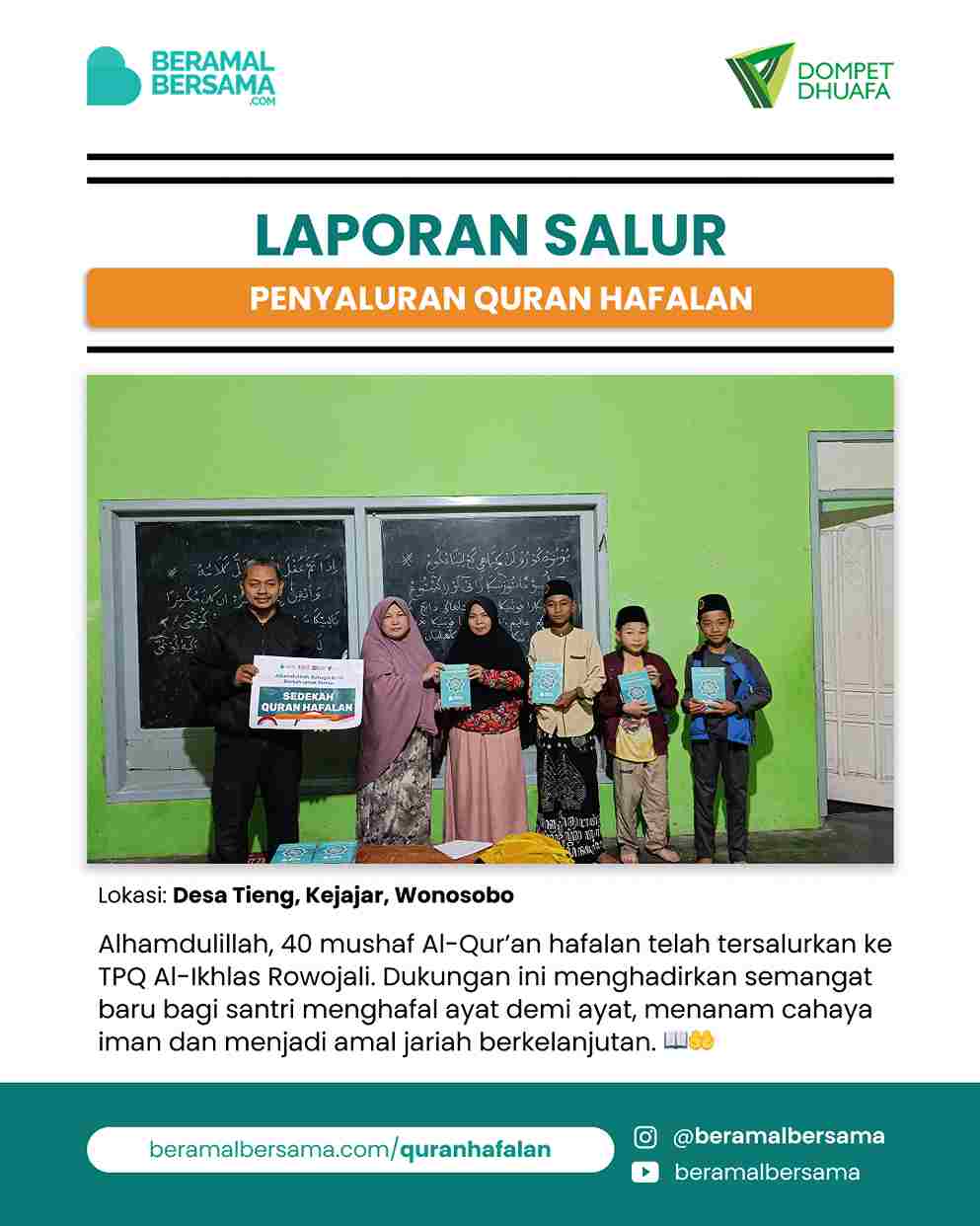 Penyaluran 40 Mushaf Hafalan TPQ Al-Ikhlas Rowojali