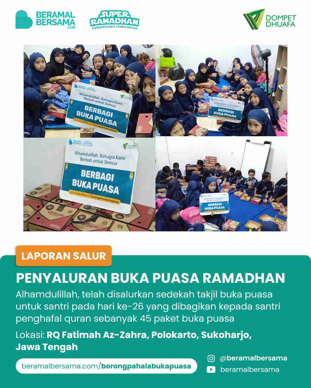 Penyaluran 45 Paket Buka Puasa RQ Fatimah Az-Zahra
