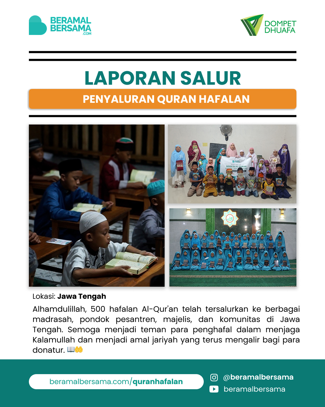 Penyaluran 500 Quran Hafalan di Madrasah, Pondok Pesantren, Majelis dan Komunitas di Jawa Tengah