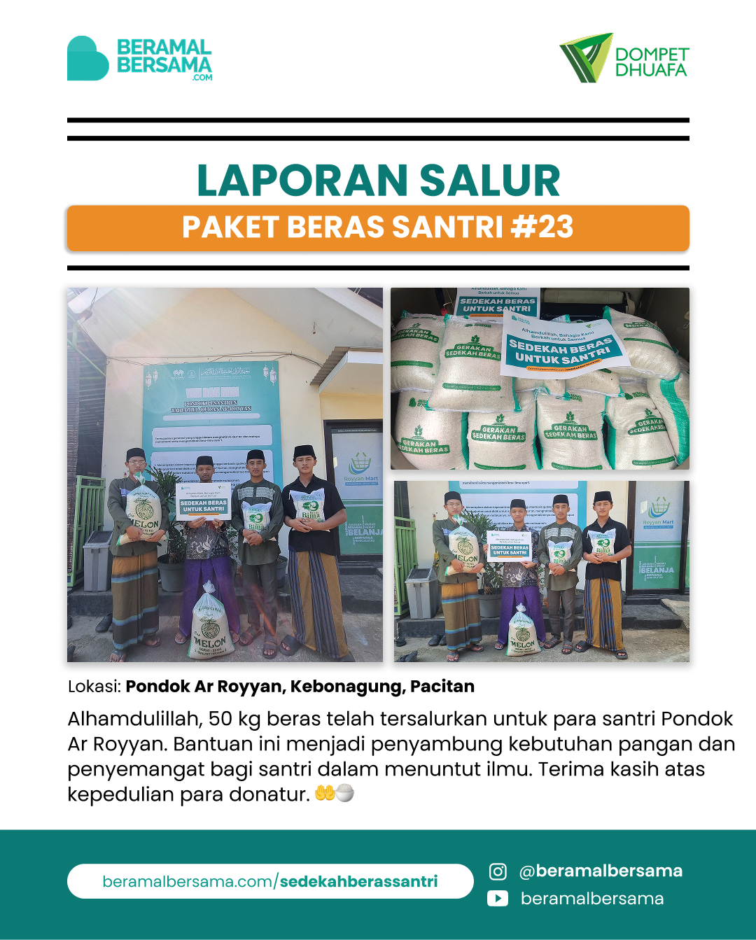 Penyaluran 50 Kg Beras Santri #23, Pondok Ar Royyan