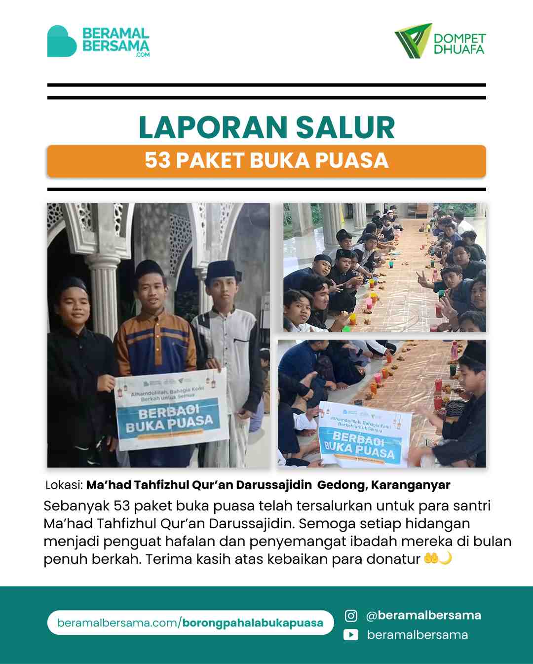 Penyaluran 53 Paket Buka Puasa Ma’had Tahfizhul Qur’an Darussajidin