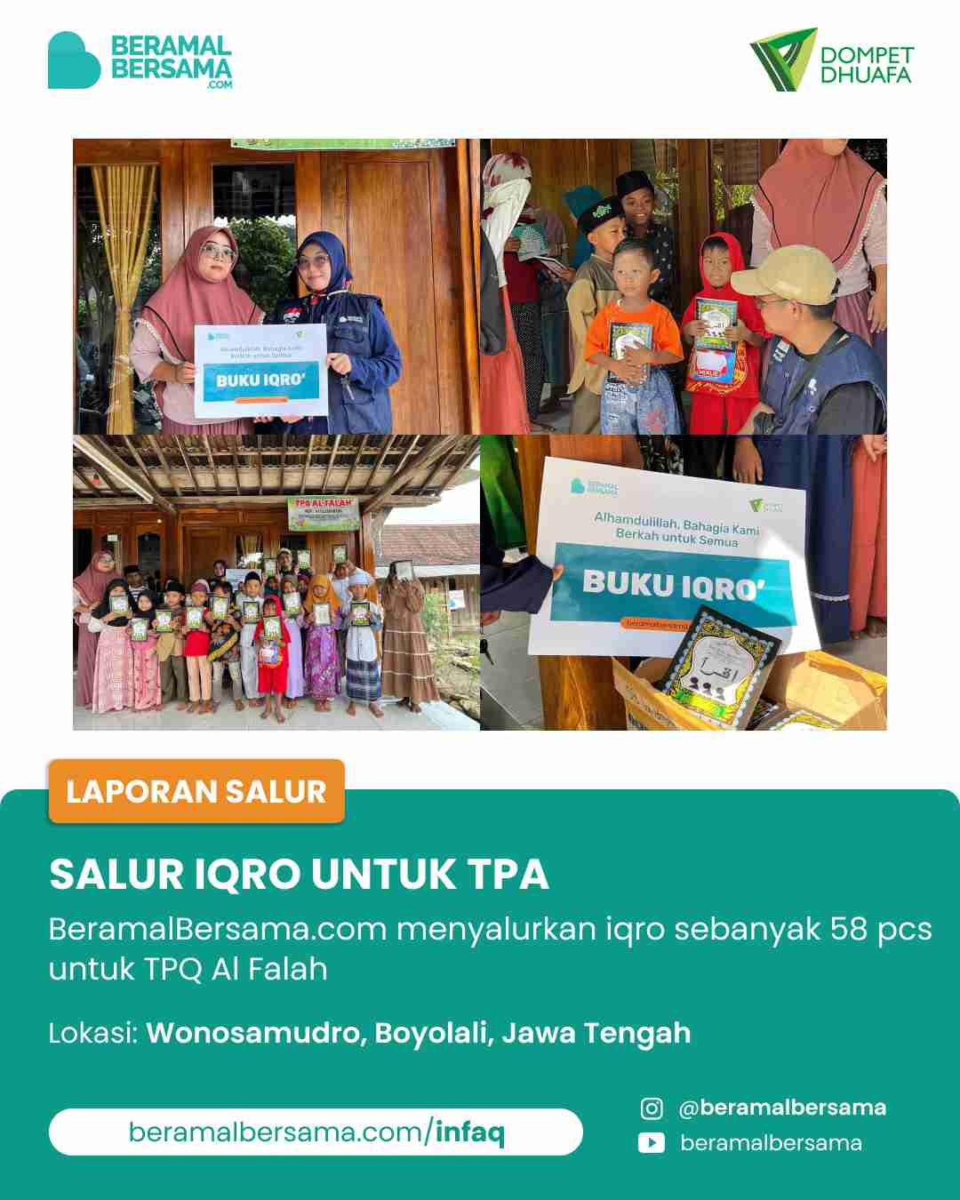 Penyaluran 58 Buku Iqro TPQ Al Falah dan Support Agenda Syiar