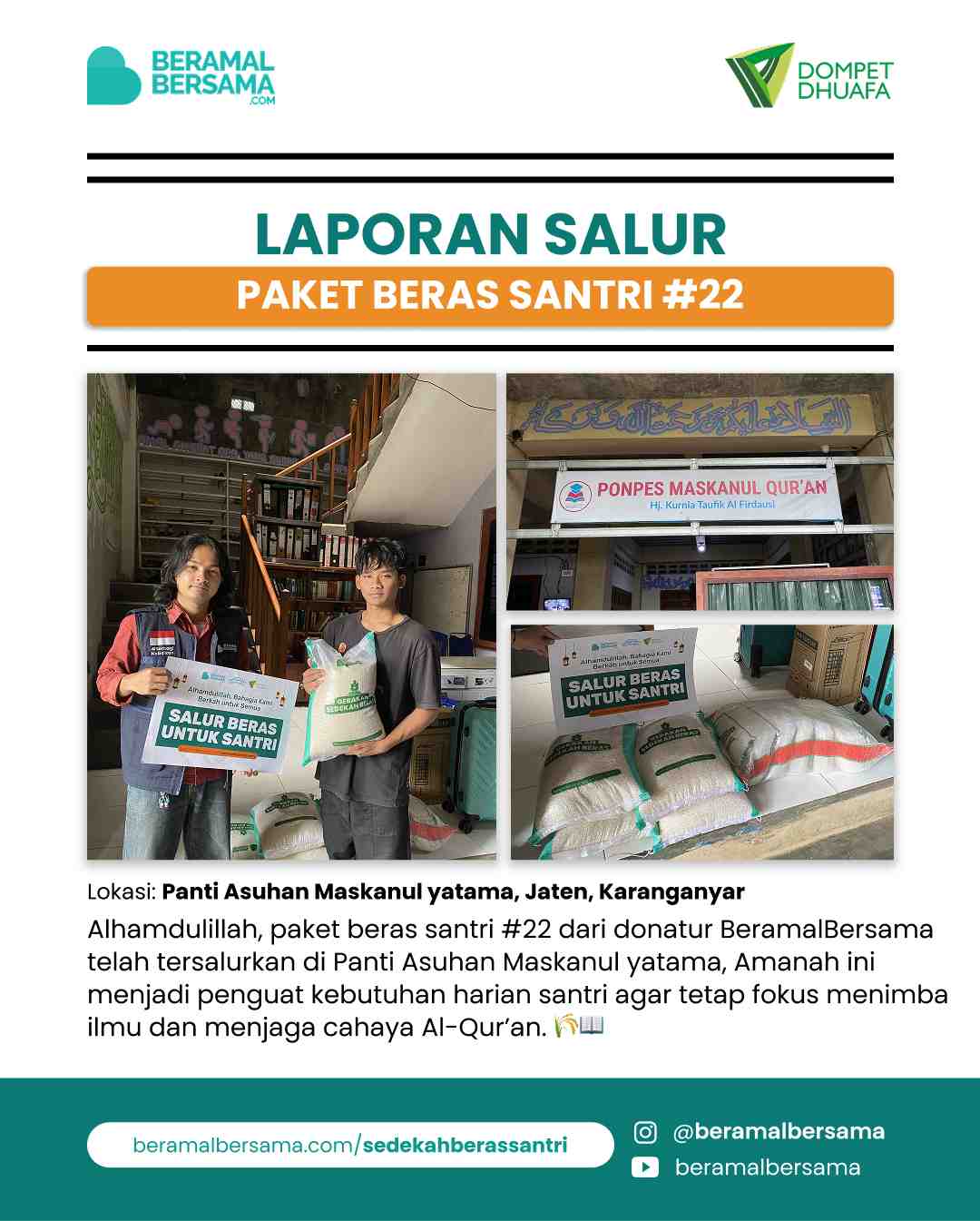 Penyaluran 65 kg Beras Santri #22 Panti Asuhan Maskanul Yatama