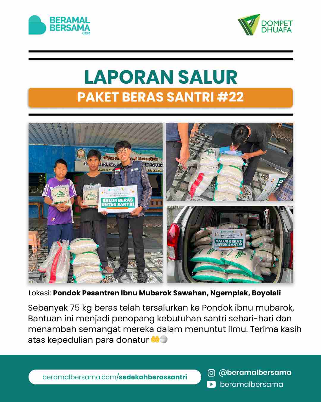 Penyaluran 75 Kg Beras Santri #22, Pondok Ibnu Mubarok