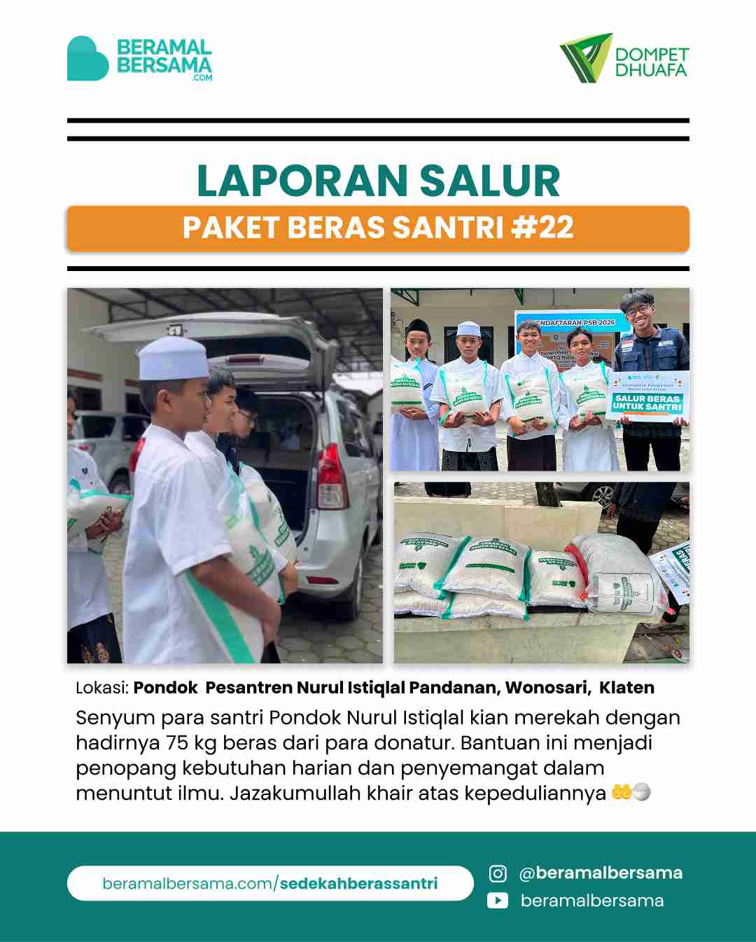 Penyaluran 75 Kg Beras Santri #22, Pondok Nurul Istiqlal