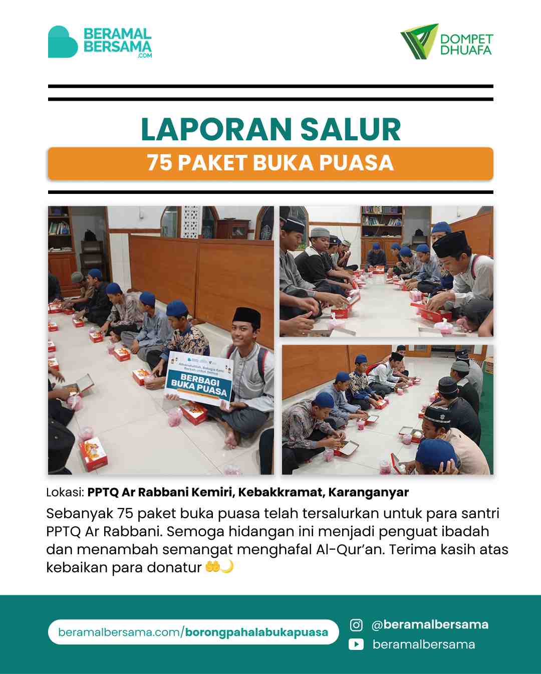 Penyaluran 75 Paket Buka Puasa PPTQ Ar Rabbani