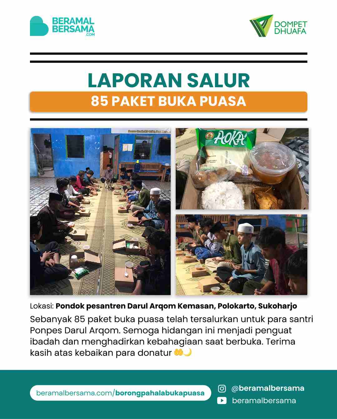 Penyaluran 85 Paket Buka Puasa Pondok Darul Arqom