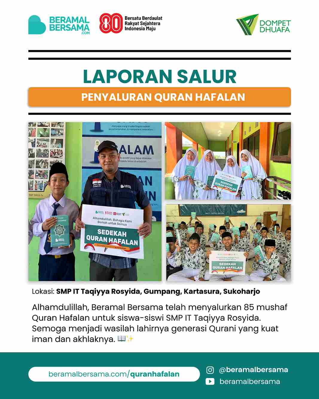 Penyaluran 85 Quran Hafalan - Bangun Generasi Qurani SMP IT Taqiyya Rosyida