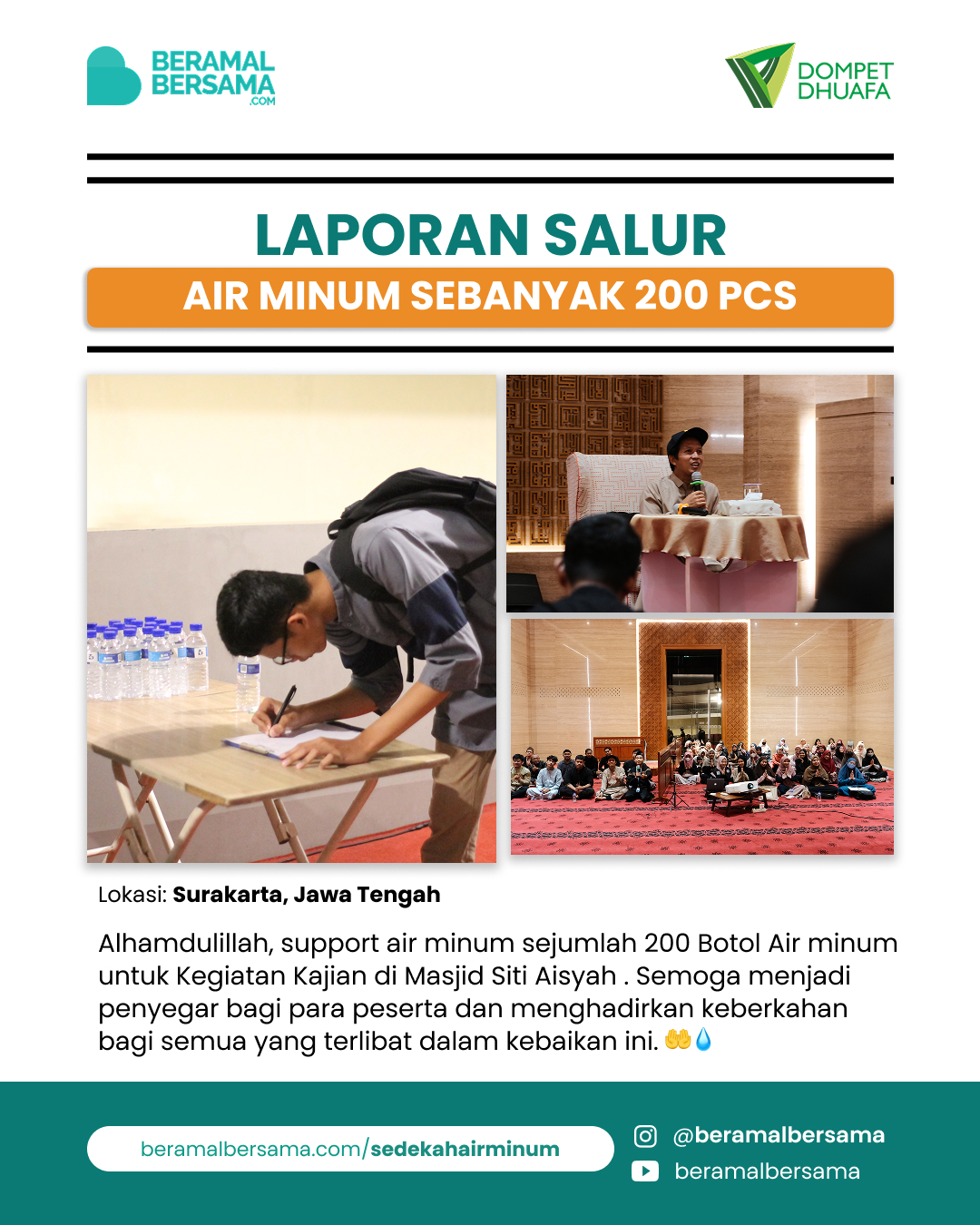Penyaluran Air Minum Untuk Kajian Masjid Siti Aisyah