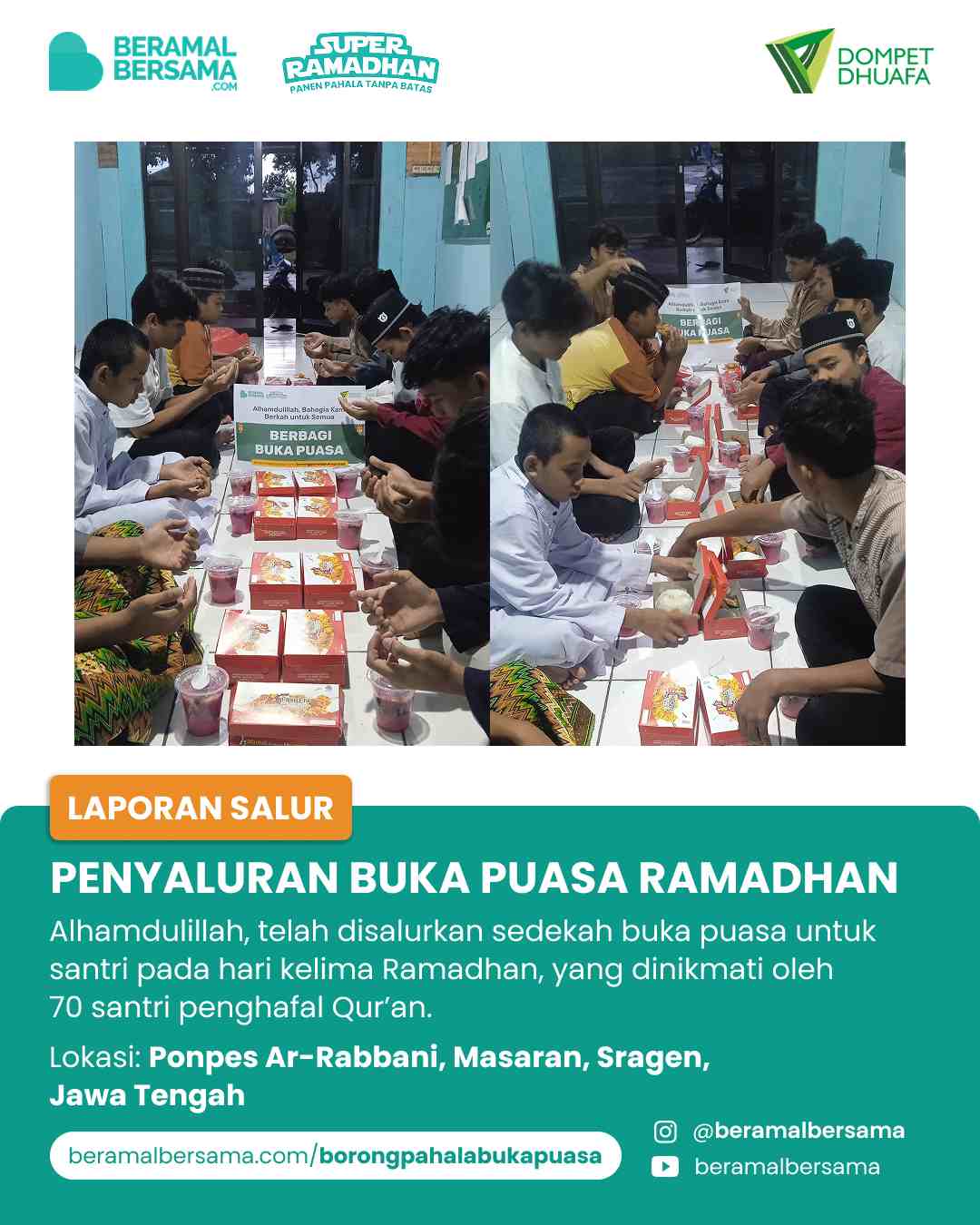 Penyaluran Buka Puasa Pondok Pesantren Ar-Rabbani