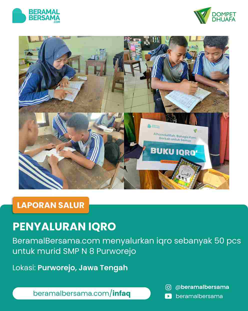 Penyaluran Sedekah 50 Buku Iqro SMP 8 Purworejo