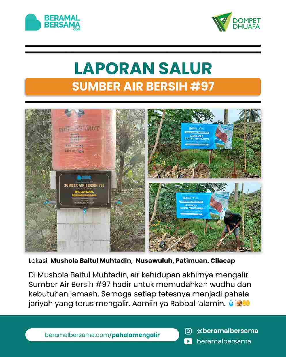 Penyaluran Sumber Air Bersih #97 Mushola Baitul Muhtadin, Desa Nusawuluh, Patimuan, Cilacap