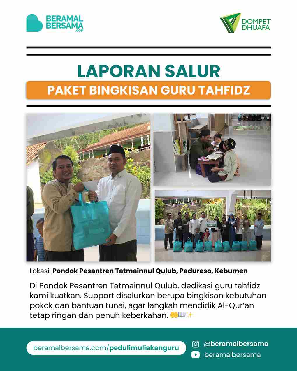 Penyaluran Support Guru Tahfidz Pondok Pesantren Tatmainnul Qulub