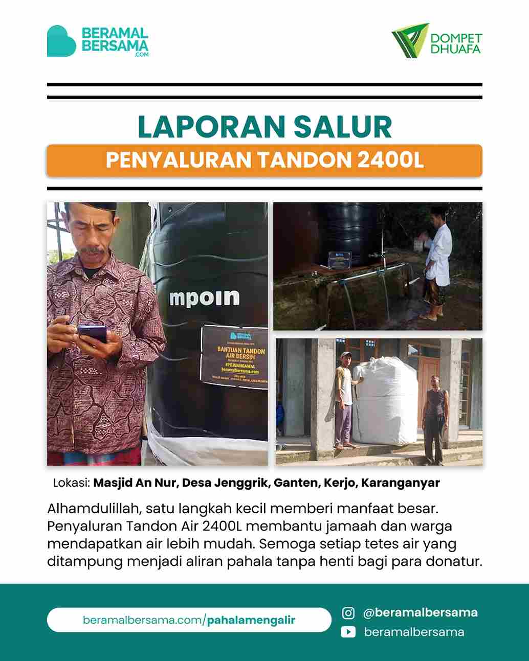 Penyaluran Tandon 2400L Masjid An Nur, Jenggrik, Kaki Gunung Lawu