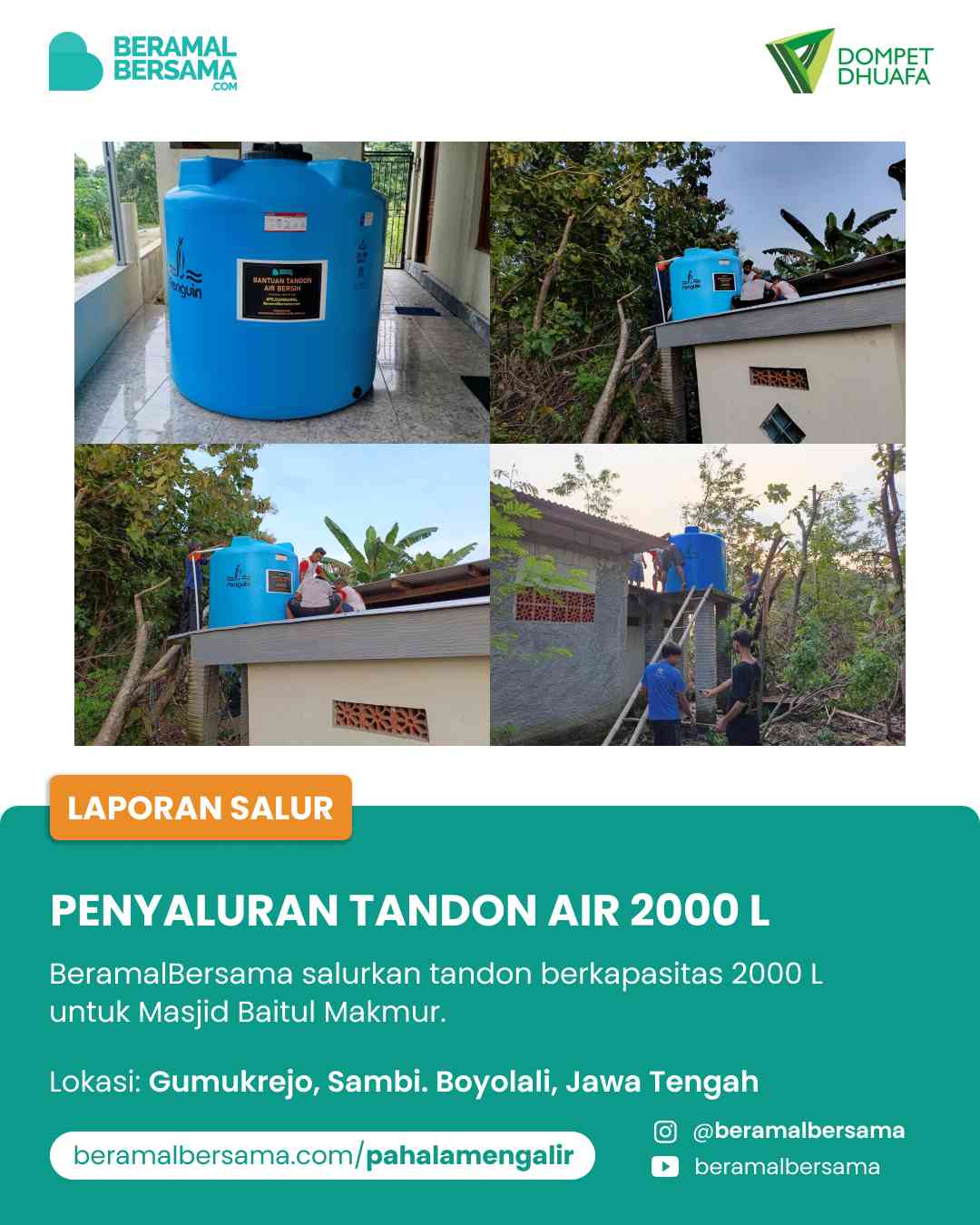 Penyaluran Tandon Air 2000L Untuk Masjid Baitul Makmur, Sambi, Boyolali