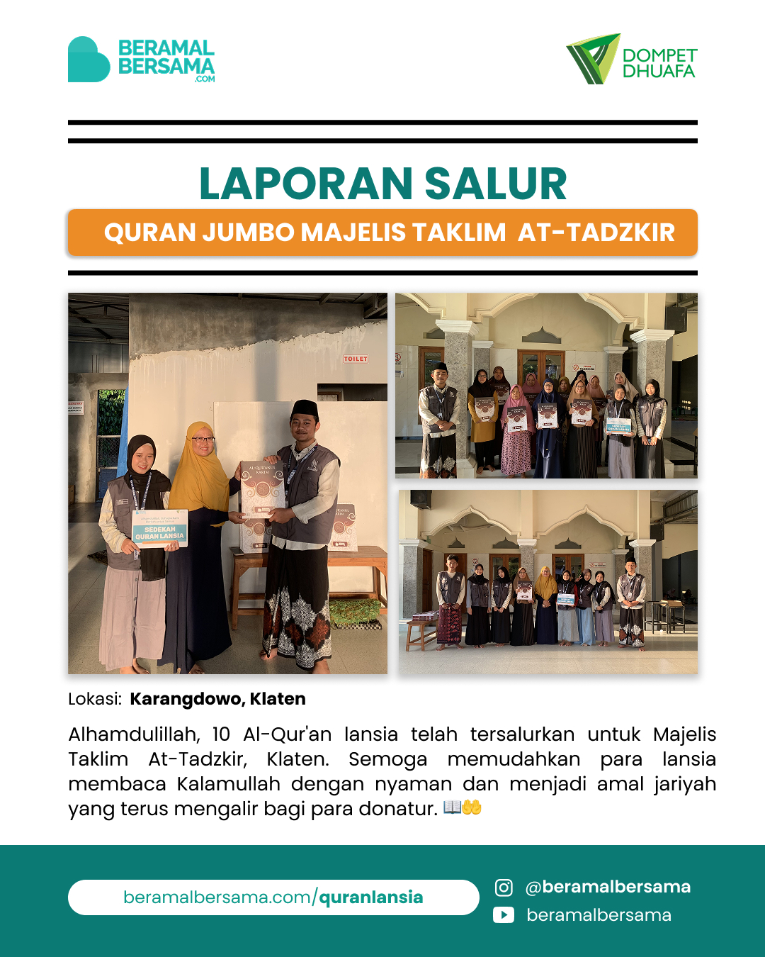 Penyaluran 10 pcs Al-Qur’an Lansia Majelis Taklim At-Tadzkir, Klaten