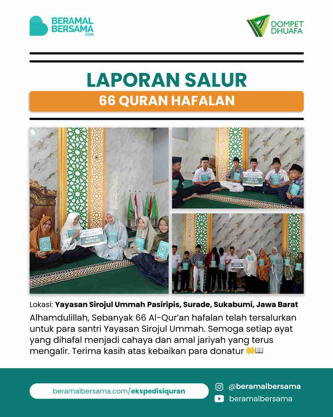 Penyaluran 66 Quran Hafalan Yayasan Sirojul Ummah