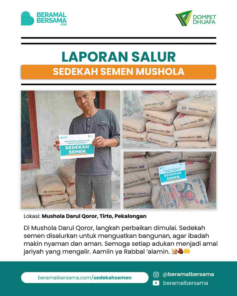 Penyaluran Sedekah Semen Mushola Darul Qoror
